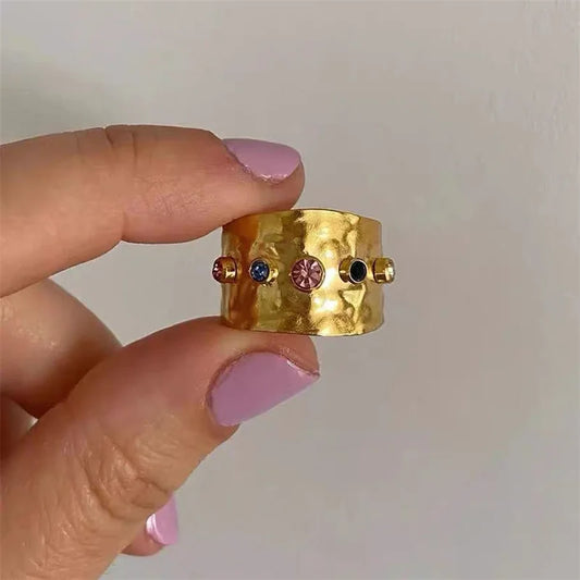 Colorful Cubic Zirconia CZ Stone Crystal Wide Band Ring