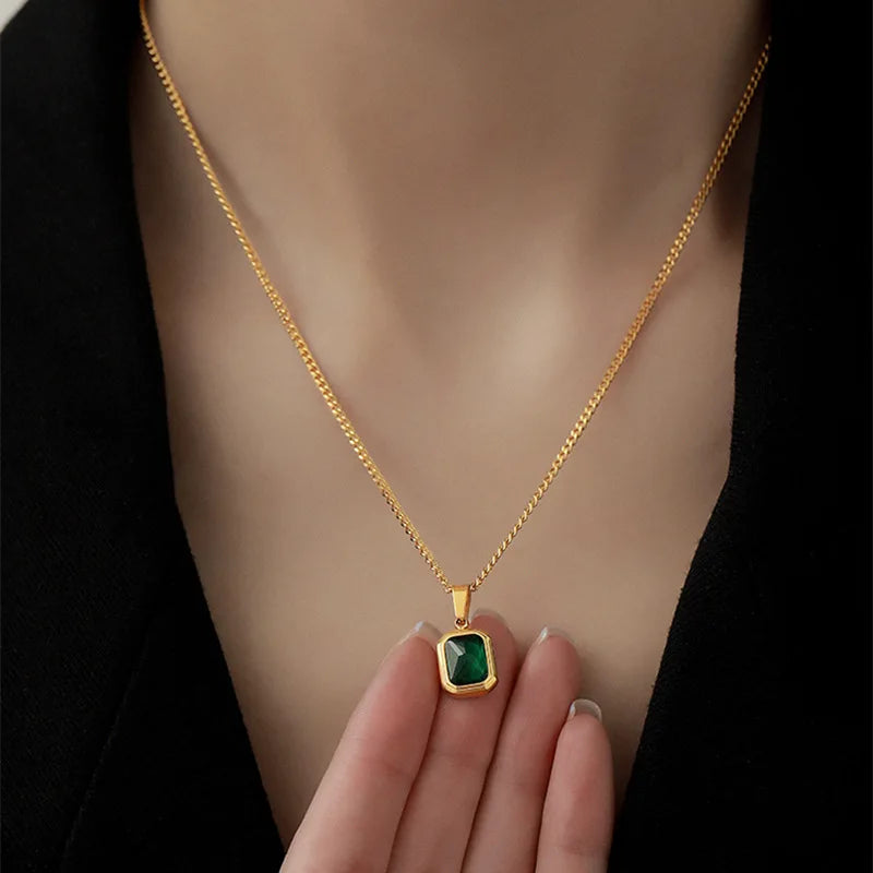 Retro Square Green Zircon Pendant Necklace