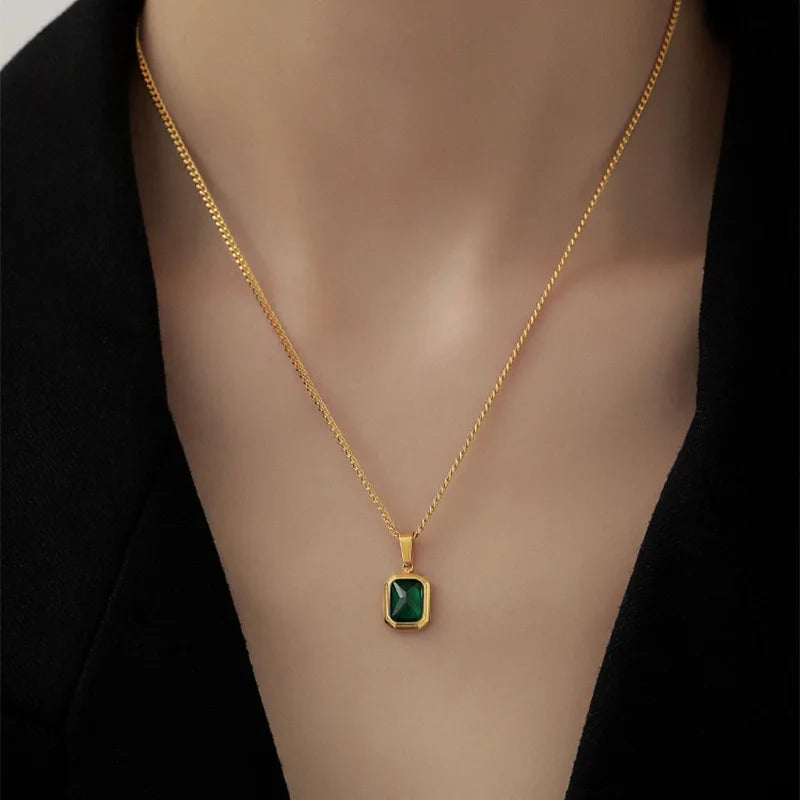 Retro Square Green Zircon Pendant Necklace