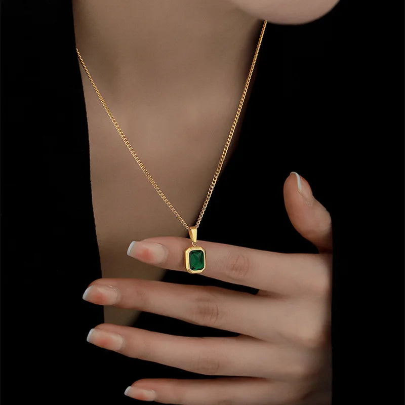 Retro Square Green Zircon Pendant Necklace